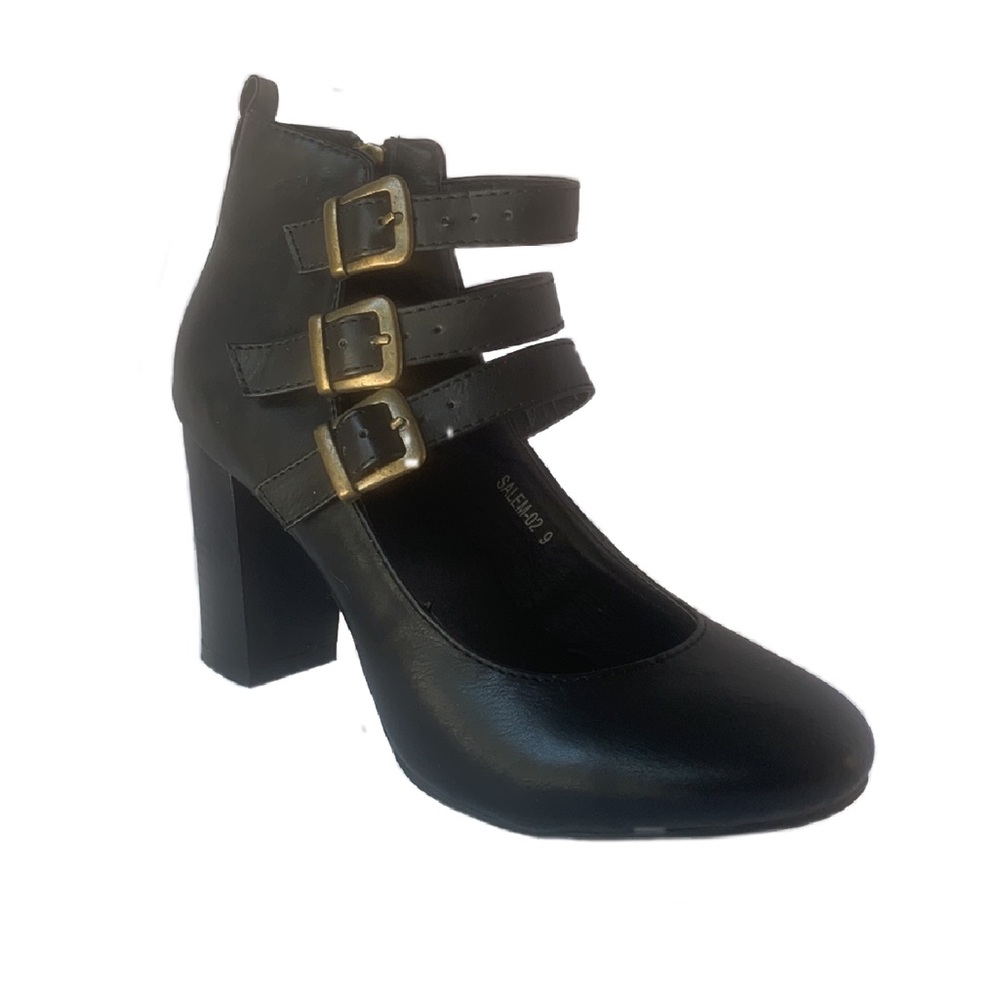 Vintage Style Buckle Strap Stack Heel Zipper Black Ankle Boot Shoes Women's - Picture 10 of 10